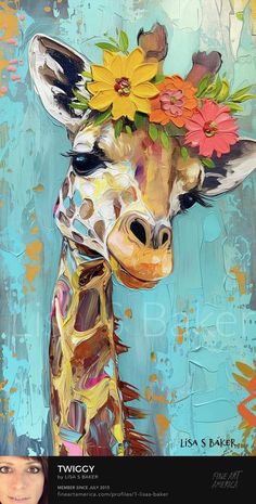 a painting of a giraffe with flowers on it's head is shown