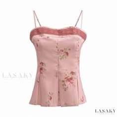 Lasaky - Blush Floral Camisole: Elegant and Shoulder-Baring Tropical Outfits, School Attire, Floral Camisole, Birthday Fit, Lace Trim Cami Top, Linen Design, Floral Cami Top, Romantic Blouses, Lace Trim Cami