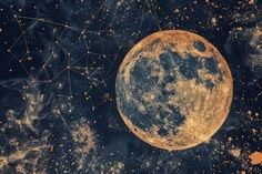 an artist's rendering of the moon with stars and lines in the sky around it