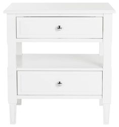 a white night stand with two drawers and one drawer on the bottom, in front of a