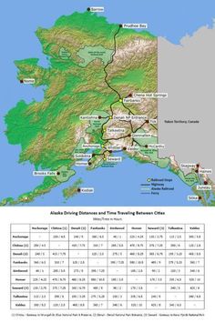 a map showing the route for alaska's driving directions and times - telling destinations