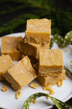 several pieces of peanut butter fudge on a plate