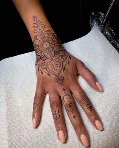 a woman's hand with tattoos on it