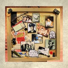 a collage of photos and other items is displayed in a shadow box on display