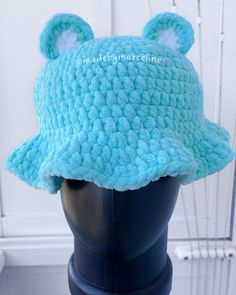 turquoise bear bucket hat Marceline Crochet, Bear Bucket Hat, Crochet Bear Hat, Wool Bucket Hat, Crochet Cute, Bear Hat, Bear Ears, Crochet Bear, Rabbit Ears