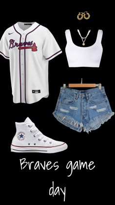 #baseball #braves #outfitinspo Braves Baseball Game Outfit Women, Womens Atlanta Braves Outfit, Braves Game Outfit Women Summer, Box Seats Stadium Outfit, Baseball Fits For Women, Baseball Outfit Women Game, Baseball Jersey Outfit Women Summer, Braves Jersey Outfit Women, Cute Baseball Outfits For Women