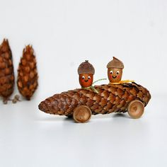 two pine cones with faces on them sitting next to each other in the shape of a car