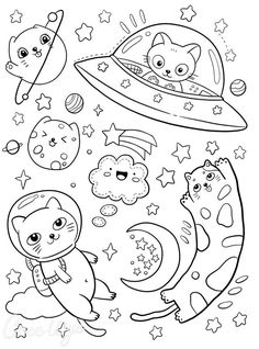 a coloring page for kids with space animals and planets in the sky, including an astronaut cat