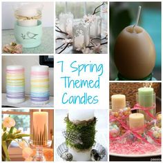 there are many different candles and vases in this collage with the words, spring themed candles