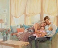 a painting of a family sitting on a couch