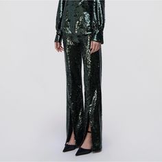 Jonathan Simkhai Ariah Green Sequin Pants Nwt Brand New Size 6 Green Straight Pants For Festive Season, Festive Green Straight Pants, Elegant Green Pants For Evening, Elegant Green Evening Pants, Fitted Sequin Luxury Pants, Luxury Sequin Pants For Evening Wear, Luxury Sequined Pants For Evening, Luxury Full-length Evening Pants, Luxury Full Length Evening Pants