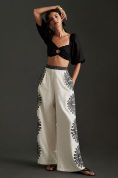 Rent Embellished Wide-Leg Pants from Nuuly. Pick 6 items for $98/month. Free shipping + returns. Fashion Attire, Pants Design, Wide Pants, Petite Outfits, Classy Outfits, Fashion Pants, Shirt Design, Clothes For Sale, Wide Leg Pants