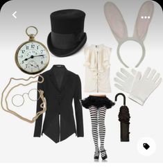 an assortment of costume and accessories including a top hat