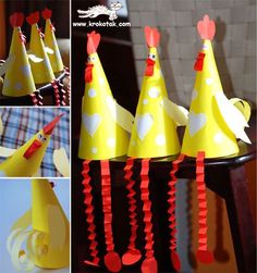 some yellow hats with red and white designs on them are shown in this collage