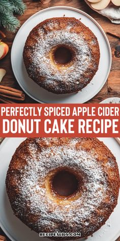 two donuts with powdered sugar on top and the words perfectly spiced apple cider donut cake recipe