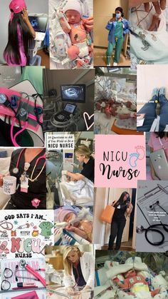 a collage of photos with nurses and nurse's tools on them, including an infant in a hospital bed