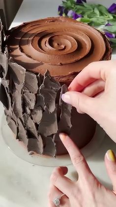 someone is decorating a chocolate cake with icing on the top, and another person's hand reaching for it