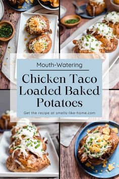 chicken taco loaded baked potatoes on a plate