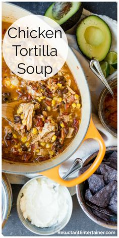 chicken tortilla soup with avocado, sour cream and other ingredients in bowls