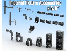 an assortment of metal fixtures and accessories are shown in this image with the caption's description below