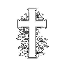 a cross with flowers on it and leaves around the edges in black and white coloring pages