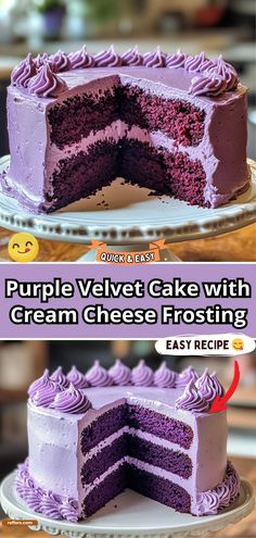 a purple velvet cake with cream cheese frosting is cut in half and served on a plate