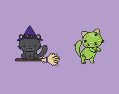 two cats are playing with each other on a purple background and one cat is wearing a witch's hat