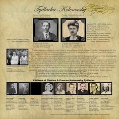 an old family tree with many different pictures on it's front page, including the names and dates