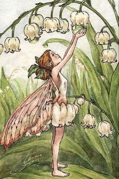 a watercolor painting of a fairy with lily of the valley