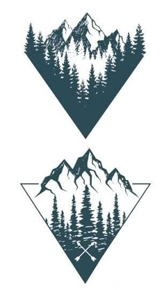 two mountains with trees on them are shown in the shape of an arrow and crossbones