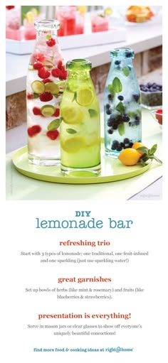 the recipe for lemonade bar is displayed on a plate with fruit and water in it