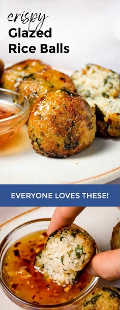 someone dipping some kind of food in a bowl with sauce on it and another plate full of baked rice balls