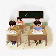 three children sitting at desks in front of a chalkboard, drawing, cartoon png and psd