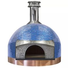 an outdoor pizza oven with blue mosaic tiles on the front and bottom, in stainless steel