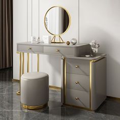 a vanity with a mirror and stool in front of it, on a white background