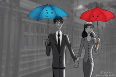 two people holding umbrellas with faces drawn on them