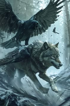 two large black birds flying over a wolf in the woods