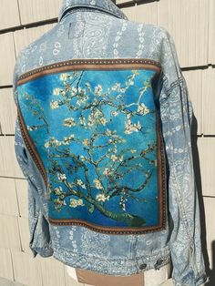 "Vintage denim jacket ft Vincent Van Gogh silkscreen artwork.  Hand-sewn art and up-cycled denim. A timeless classic! W size L 21\" across 24\" length" Artistic Denim Jacket With Custom Artwork For Spring, Vintage Denim Jacket With Graphic Print For Spring, Vintage Graphic Print Denim Jacket For Spring, Spring Artistic Denim Jacket With Custom Artwork, Artistic Long Sleeve Denim Jacket With Graphic Print, Blue Denim Jacket With Custom Artwork For Spring, Artistic Graphic Print Denim Jacket For Fall, Spring Denim Jacket With Custom Artwork, Artistic Denim Outerwear For Spring