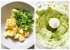 two pictures showing different types of food in a blender and on the same plate