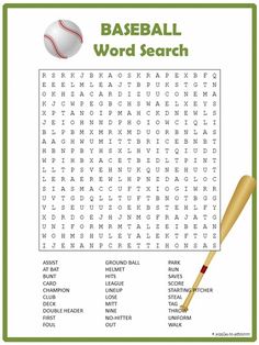 a baseball word search is shown with a bat and ball in the middle of it