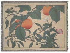 an orange tree with leaves and flowers on a beige background, hanging from a wall