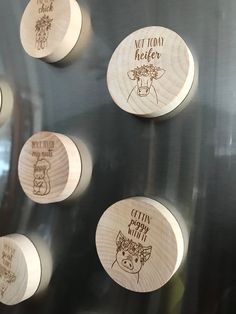 wooden magnets with words on them that say, not today heifer and cows