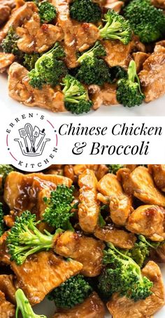 chicken and broccoli stir fry on a plate with the words chinese chicken and broccoli