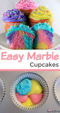 easy marble cupcakes with colorful frosting and sprinkles