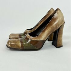 90's Prada Square Toe Chunky Block Heels 37 US/6.5 UK/4 Multicolor Brown Green Beige Leather. Great pre-owned vintage condition. Vintage Prada.  Processed within 1 business day (not included in shipping carrier’s estimated arrival time). Tracking uploaded immediately upon shipment.  eBay International Standard delivery is a Delivered Unpaid (DDU) shipping solution. Buyers won't pay duties and tax at checkout on eBay, but may have to pay the carrier for duties and tax on delivery. The Global Ship Prada Clutch, 90s Shoes, T Bar Shoes, Vintage Prada, Vintage Sandals, Square Toe Shoes, Old Shoes, Square Toe Heels, Brogue Shoes