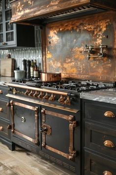 an old fashioned stove top oven in a kitchen