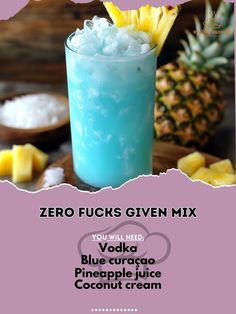 Vodka 1 cup\nBlue cura\xc3\xa7ao 0.5 cup\nPineapple juice 1 cup\nCoconut cream 0.5 cup\nFresh pineapple chunks 0.5 cup\nIce cubes as needed\nCombine vodka, blue cura\xc3\xa7ao, pineapple juice, and coconut cream in a shaker.\nShake well and pour into a glass filled with ice cubes.\nAdd fresh pineapple chunks on top.\nSip it slow, and let the good vibes roll!\n#CarefreeVibes #JustEnjoy Marvel Drinks, Blue Alcoholic Drinks, Boozy Recipes, Vodka Mixed Drinks, Vodka Blue, Mobile Bartending, Tea Remedies