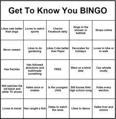 a game board with words that say get to know you bingo