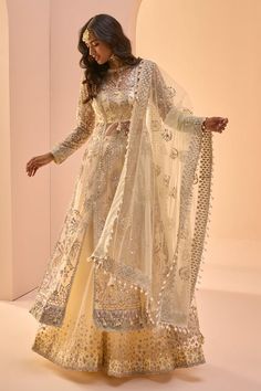 Soft yellow padded anarkali with thread, sequin, zari, stone embroidery in floral pattern. Paired with sharara and border embroidered dupatta. - Aza Fashions Sequin Anarkali, Desi Suits, Desi Fits, Pakistan Dress, Desi Dress, Outfits Indian, Dresses Traditional