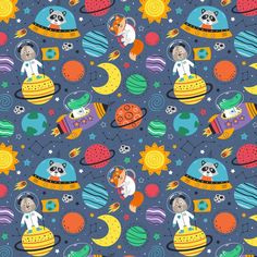 seamless pattern with space animals and planets